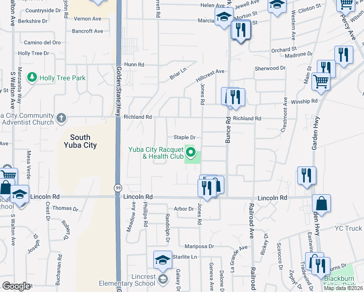 map of restaurants, bars, coffee shops, grocery stores, and more near 859 Jones Road in Yuba City