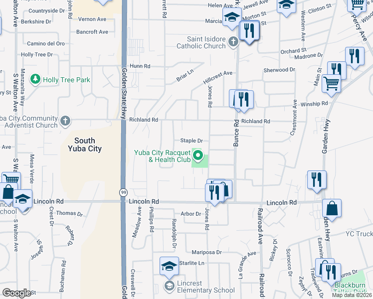 map of restaurants, bars, coffee shops, grocery stores, and more near 859 Jones Road in Yuba City