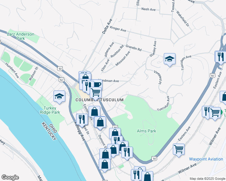 map of restaurants, bars, coffee shops, grocery stores, and more near 531 Tusculum Avenue in Cincinnati