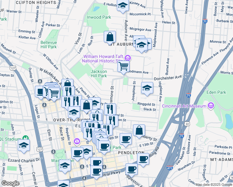 map of restaurants, bars, coffee shops, grocery stores, and more near 1825 Walker Street in Cincinnati