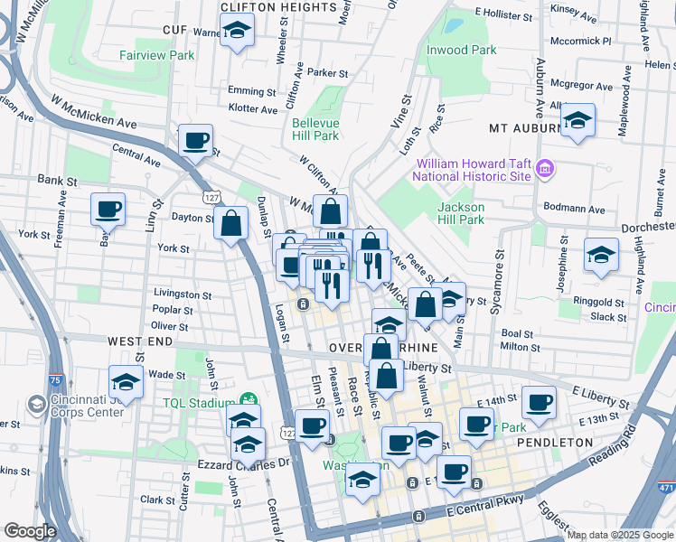 map of restaurants, bars, coffee shops, grocery stores, and more near 19 West Elder Street in Cincinnati