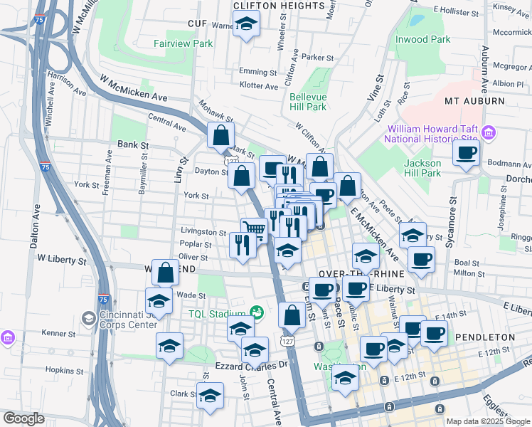 map of restaurants, bars, coffee shops, grocery stores, and more near 1667 Central Parkway in Cincinnati