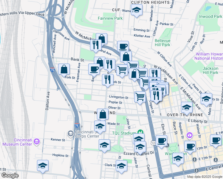 map of restaurants, bars, coffee shops, grocery stores, and more near 528 Livingston Street in Cincinnati