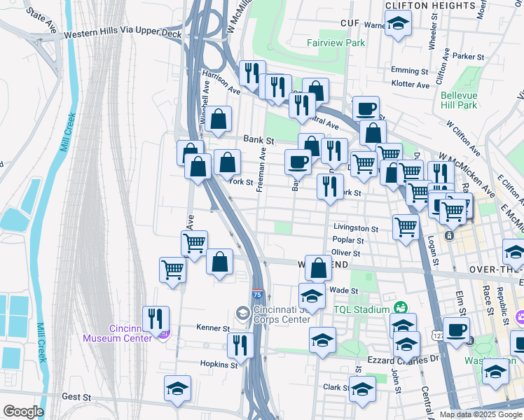 map of restaurants, bars, coffee shops, grocery stores, and more near 940 Poplar Street in Cincinnati