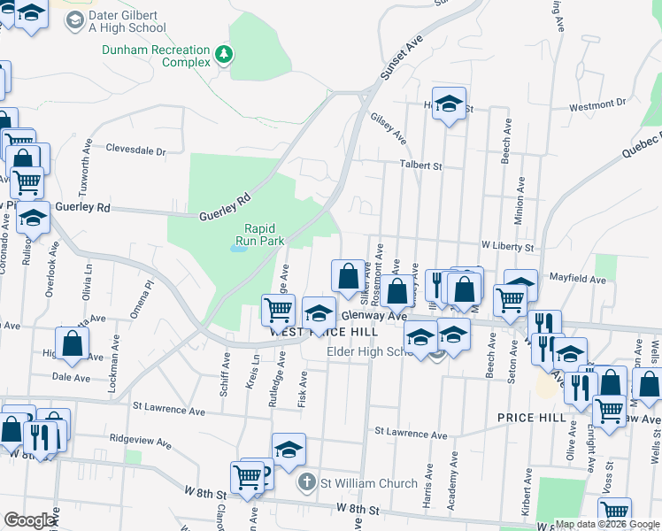 map of restaurants, bars, coffee shops, grocery stores, and more near 1231 Sunset Avenue in Cincinnati
