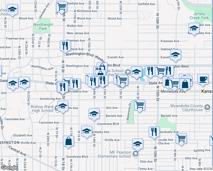 map of restaurants, bars, coffee shops, grocery stores, and more near 1242 Minnesota Avenue in Kansas City