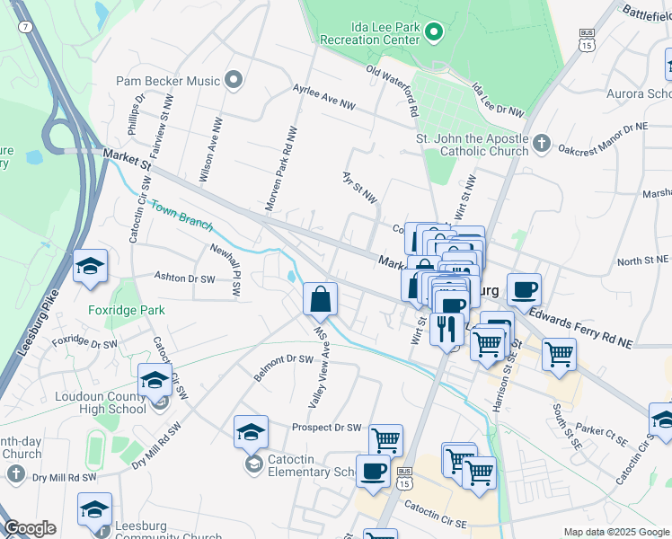 map of restaurants, bars, coffee shops, grocery stores, and more near 18 Ayr Street Southwest in Leesburg