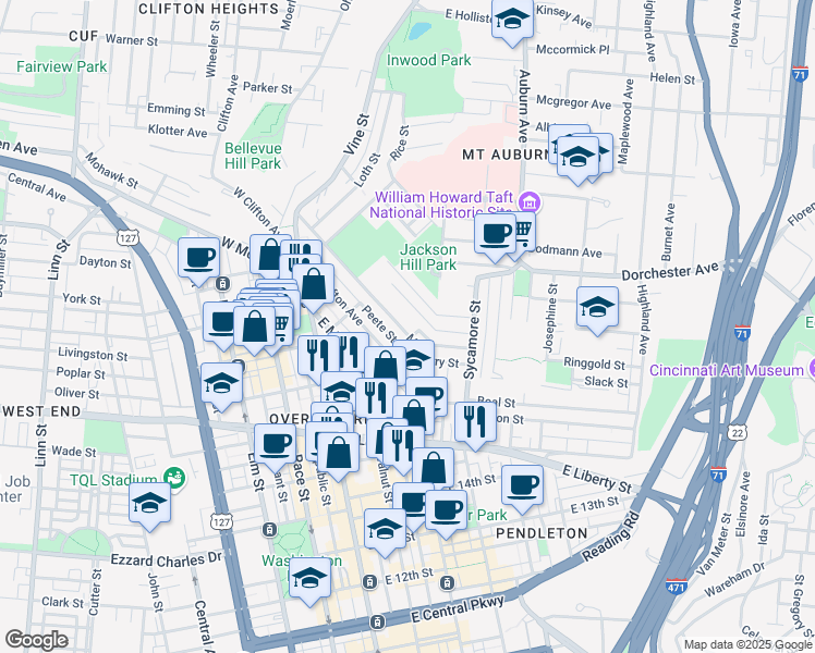 map of restaurants, bars, coffee shops, grocery stores, and more near 146 Mulberry Street in Cincinnati