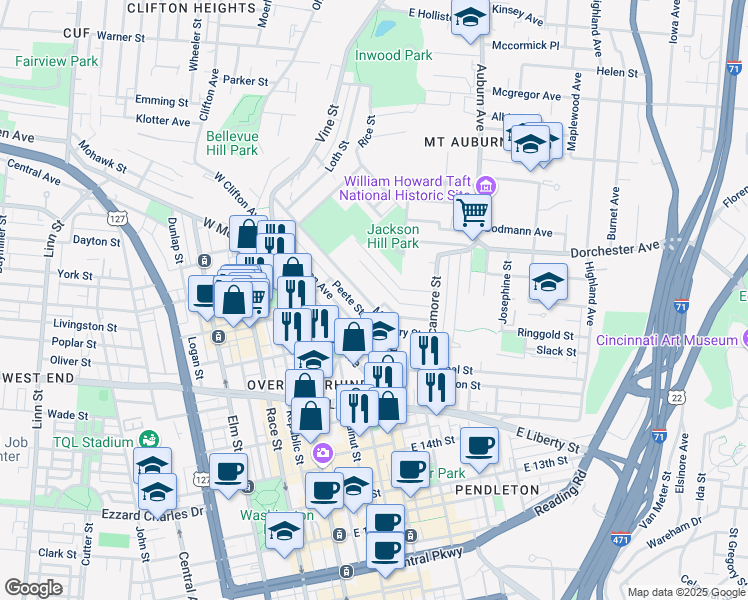map of restaurants, bars, coffee shops, grocery stores, and more near 146 Mulberry Street in Cincinnati