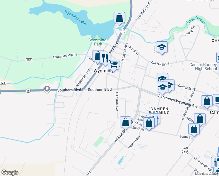 map of restaurants, bars, coffee shops, grocery stores, and more near 108 Southern Boulevard in Wyoming