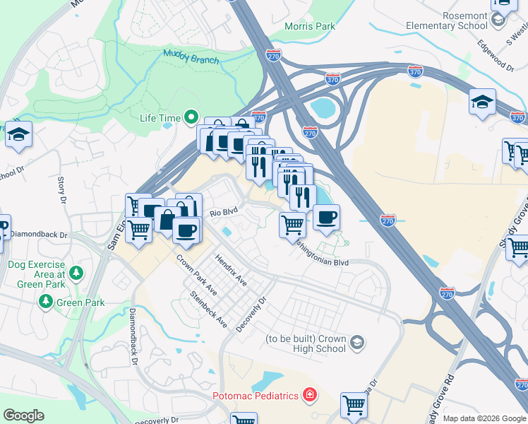 map of restaurants, bars, coffee shops, grocery stores, and more near 9890 Washingtonian Boulevard in Gaithersburg