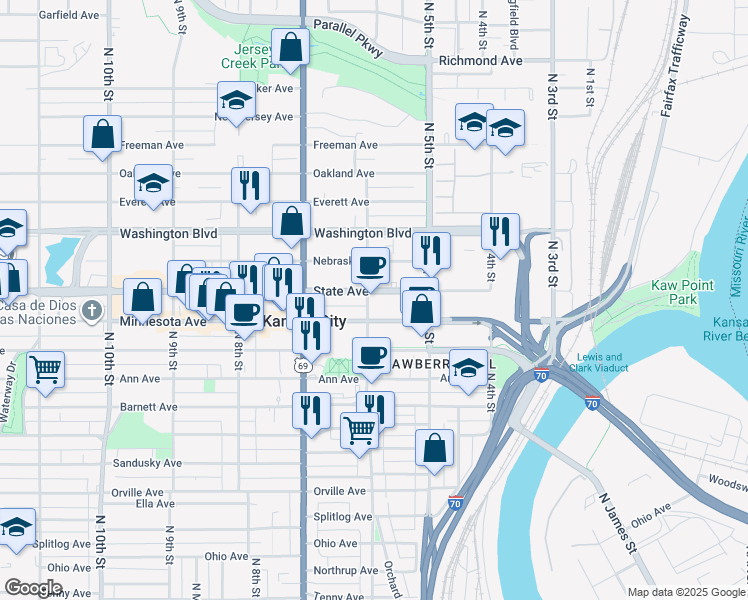 map of restaurants, bars, coffee shops, grocery stores, and more near 1017 North 6th Street in Kansas City