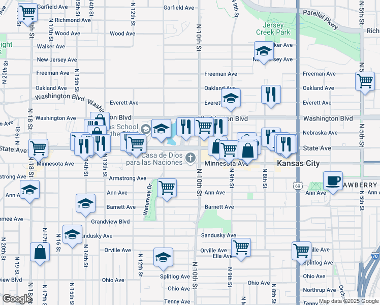 map of restaurants, bars, coffee shops, grocery stores, and more near 1030 State Avenue in Kansas City
