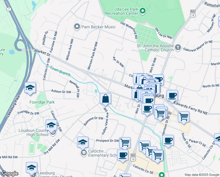 map of restaurants, bars, coffee shops, grocery stores, and more near 18 Ayr Street Southwest in Leesburg