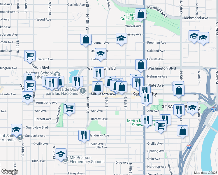 map of restaurants, bars, coffee shops, grocery stores, and more near 1017 North 9th Street in Kansas City