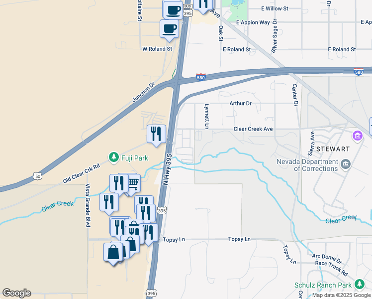 map of restaurants, bars, coffee shops, grocery stores, and more near 47 Clear Creek Avenue in Carson City