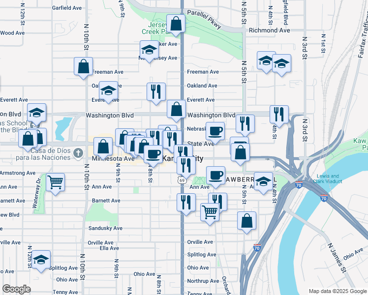 map of restaurants, bars, coffee shops, grocery stores, and more near 1021 North 7th Street Trafficway in Kansas City