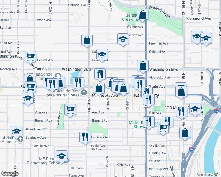 map of restaurants, bars, coffee shops, grocery stores, and more near 1017 North 9th Street in Kansas City