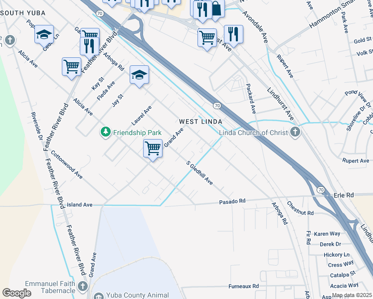 map of restaurants, bars, coffee shops, grocery stores, and more near 1176 Grand Avenue in Olivehurst