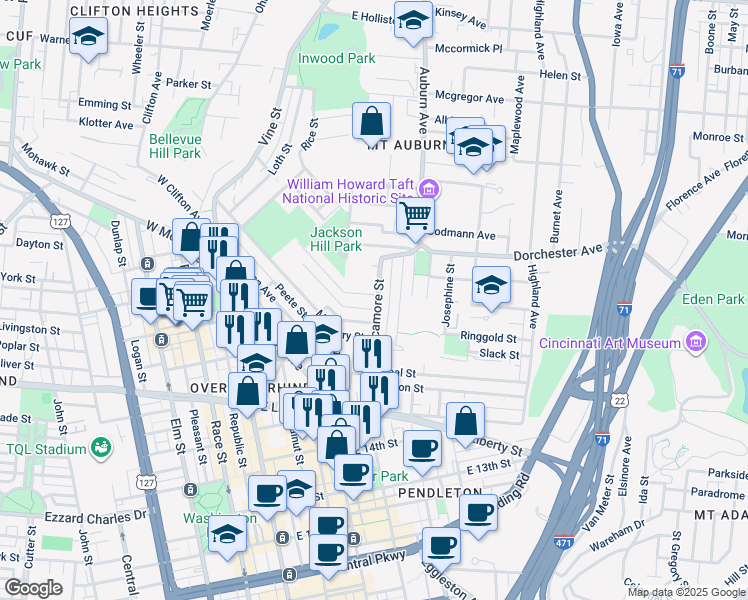 map of restaurants, bars, coffee shops, grocery stores, and more near 1800 Sycamore Street in Cincinnati