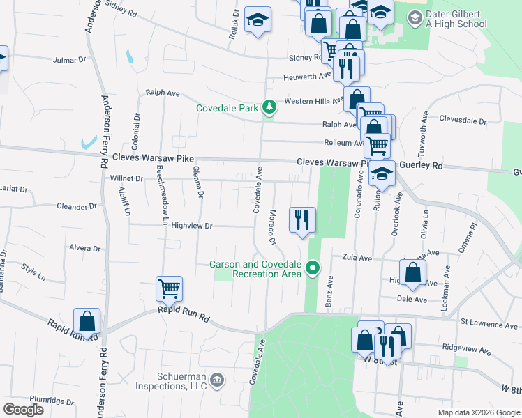 map of restaurants, bars, coffee shops, grocery stores, and more near 1141 Covedale Avenue in Cincinnati