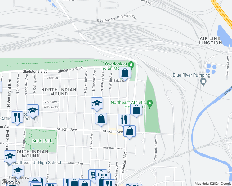map of restaurants, bars, coffee shops, grocery stores, and more near 430 North Wheeling Avenue in Kansas City