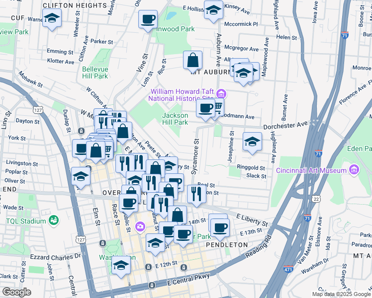 map of restaurants, bars, coffee shops, grocery stores, and more near 210 Dorsey Street in Cincinnati