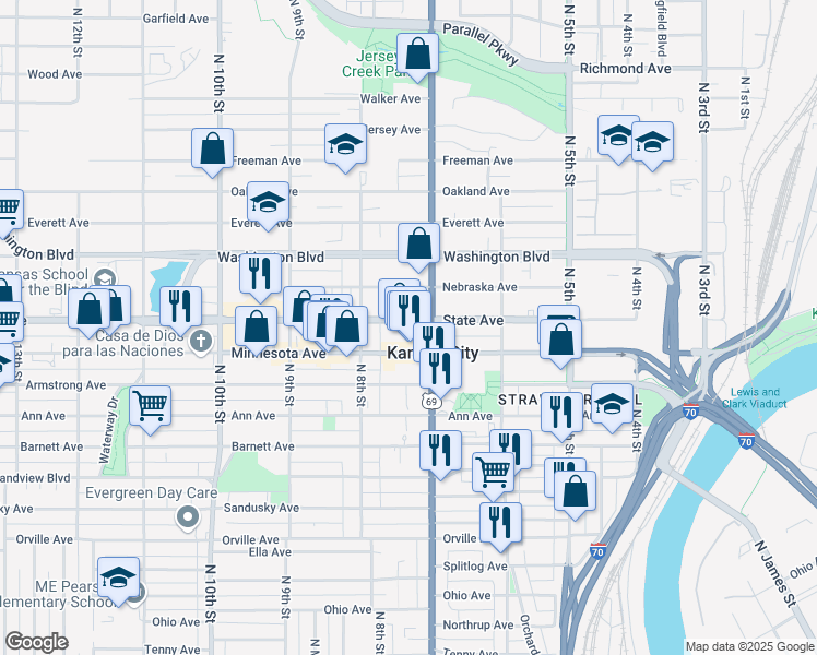map of restaurants, bars, coffee shops, grocery stores, and more near in Kansas City