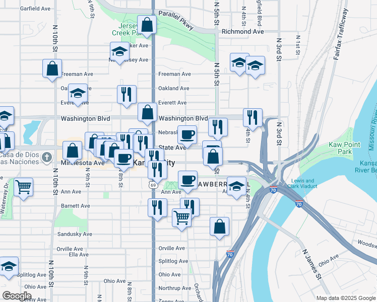 map of restaurants, bars, coffee shops, grocery stores, and more near 1017 North 6th Street in Kansas City