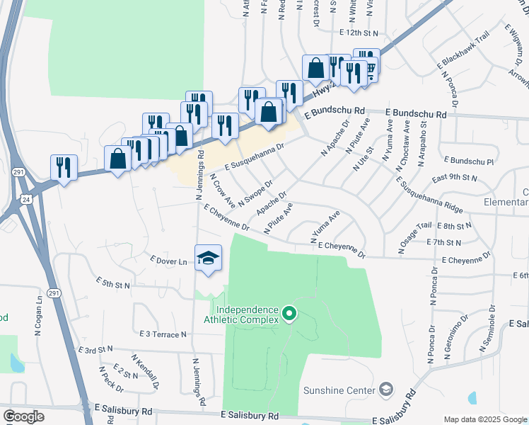 map of restaurants, bars, coffee shops, grocery stores, and more near 707 Apache Drive in Independence