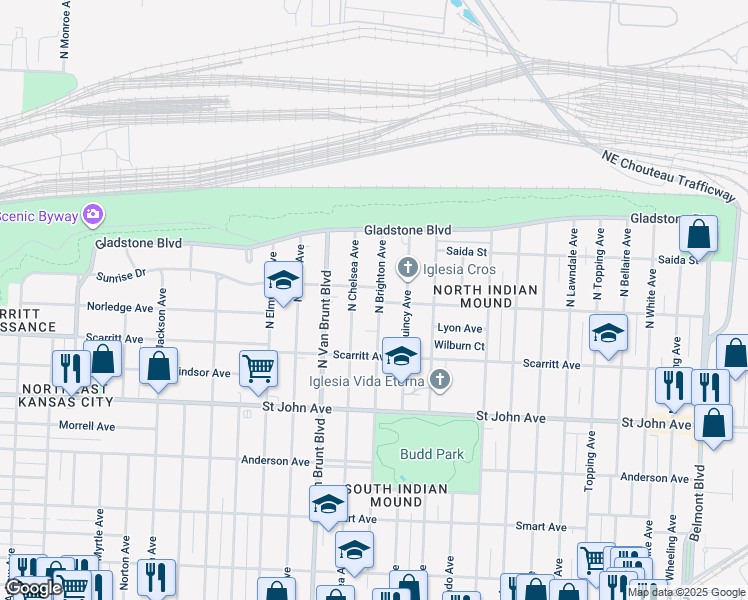 map of restaurants, bars, coffee shops, grocery stores, and more near 348 North Brighton Avenue in Kansas City