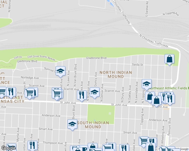 map of restaurants, bars, coffee shops, grocery stores, and more near 402 North Quincy Avenue in Kansas City