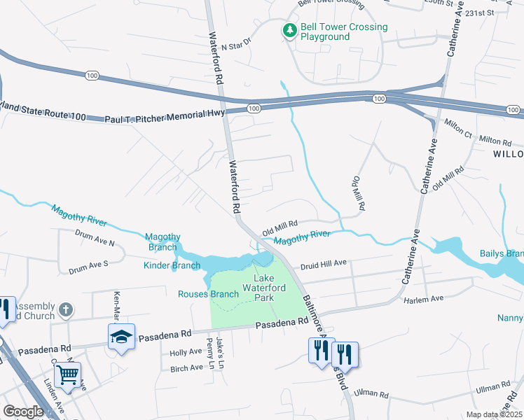 map of restaurants, bars, coffee shops, grocery stores, and more near 8290 Waterford Mill Court in Pasadena