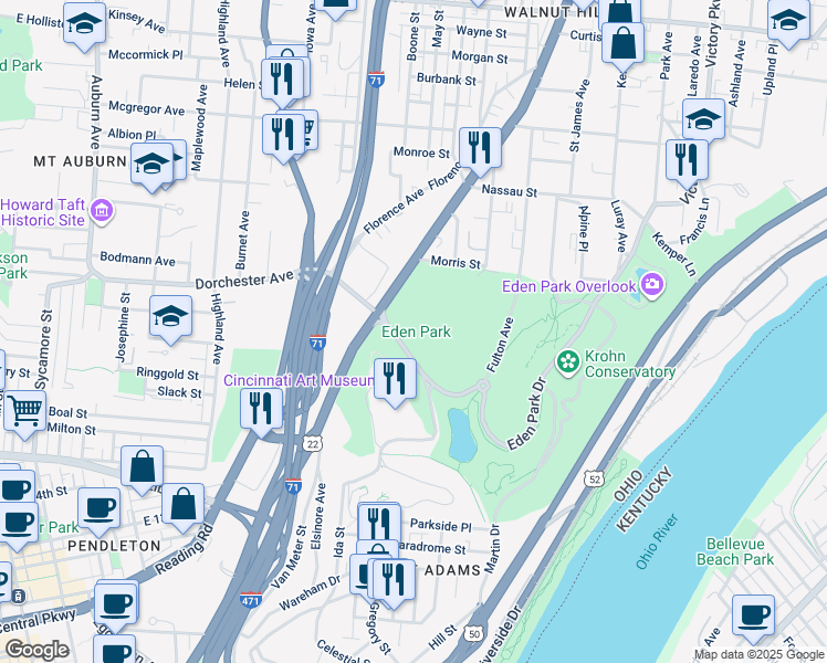 map of restaurants, bars, coffee shops, grocery stores, and more near 950 Eden Park Drive in Cincinnati