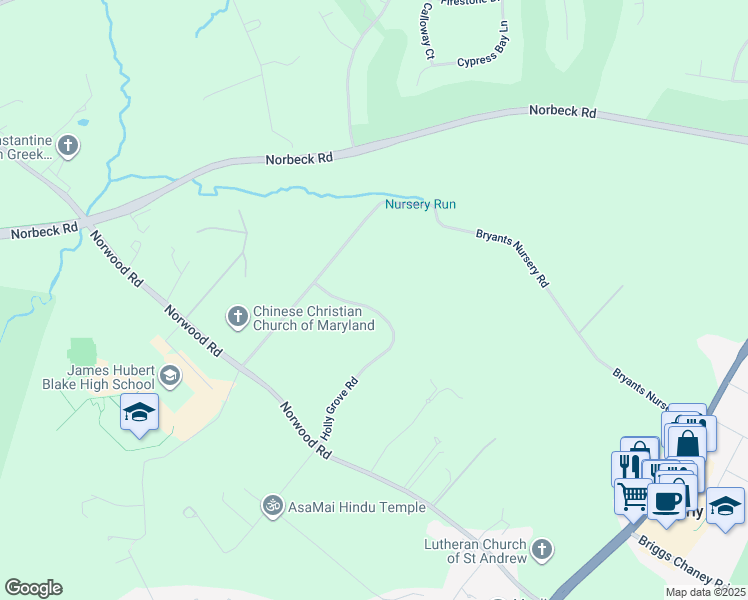 map of restaurants, bars, coffee shops, grocery stores, and more near 15729 Holly Grove Road in Silver Spring