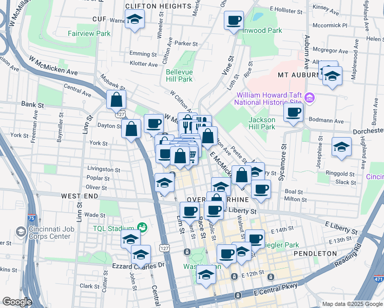 map of restaurants, bars, coffee shops, grocery stores, and more near 1828 Race Street in Cincinnati