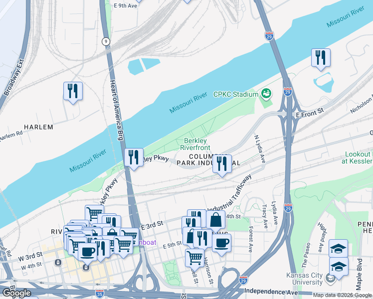 map of restaurants, bars, coffee shops, grocery stores, and more near 1000 Berkley Parkway in Kansas City
