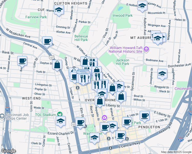 map of restaurants, bars, coffee shops, grocery stores, and more near 55 East Clifton Avenue in Cincinnati