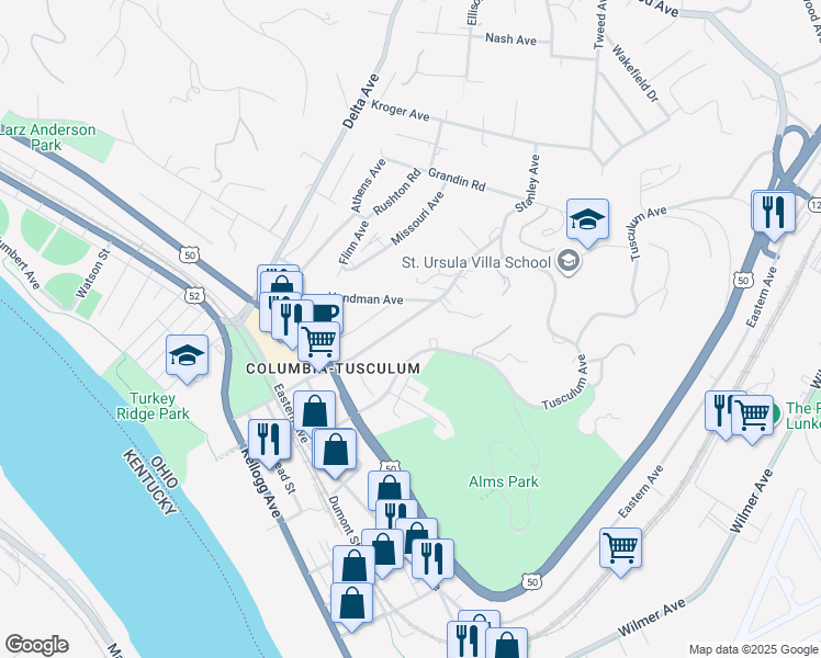 map of restaurants, bars, coffee shops, grocery stores, and more near 3581 Handman Avenue in Cincinnati