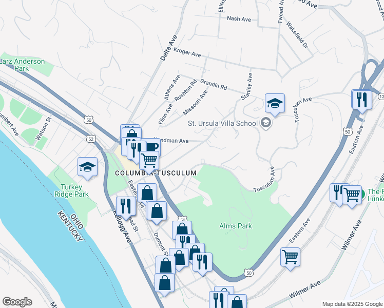 map of restaurants, bars, coffee shops, grocery stores, and more near 3581 Handman Avenue in Cincinnati