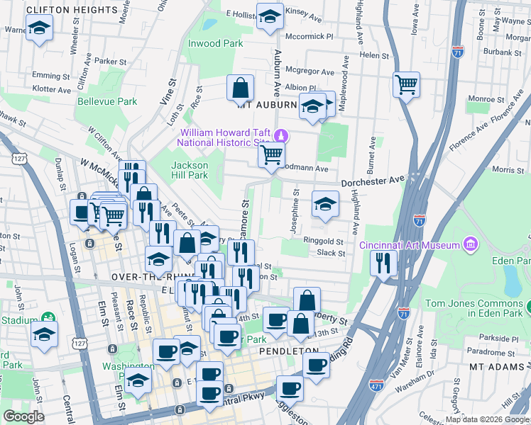 map of restaurants, bars, coffee shops, grocery stores, and more near 6 Park Place in Cincinnati