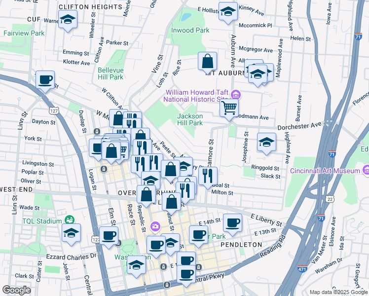 map of restaurants, bars, coffee shops, grocery stores, and more near 130 Goethe Street in Cincinnati