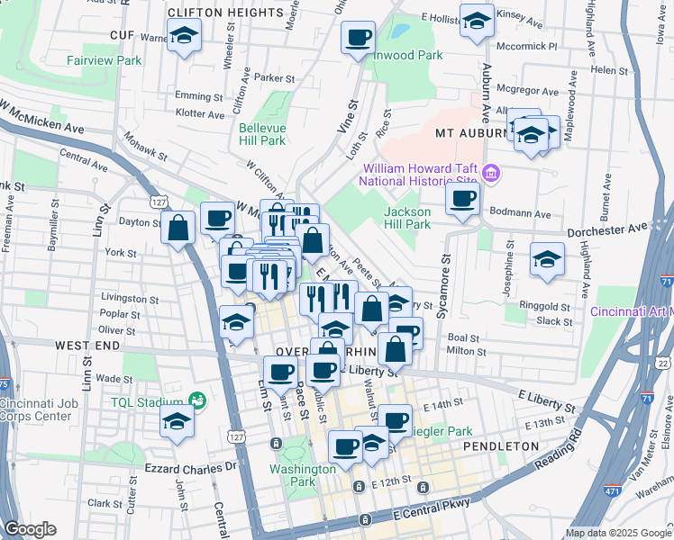 map of restaurants, bars, coffee shops, grocery stores, and more near 55 East Clifton Avenue in Cincinnati