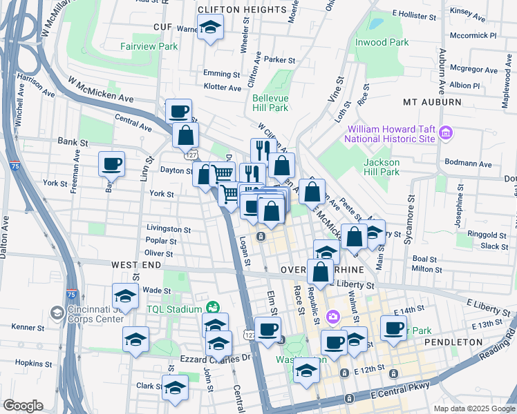 map of restaurants, bars, coffee shops, grocery stores, and more near in Cincinnati