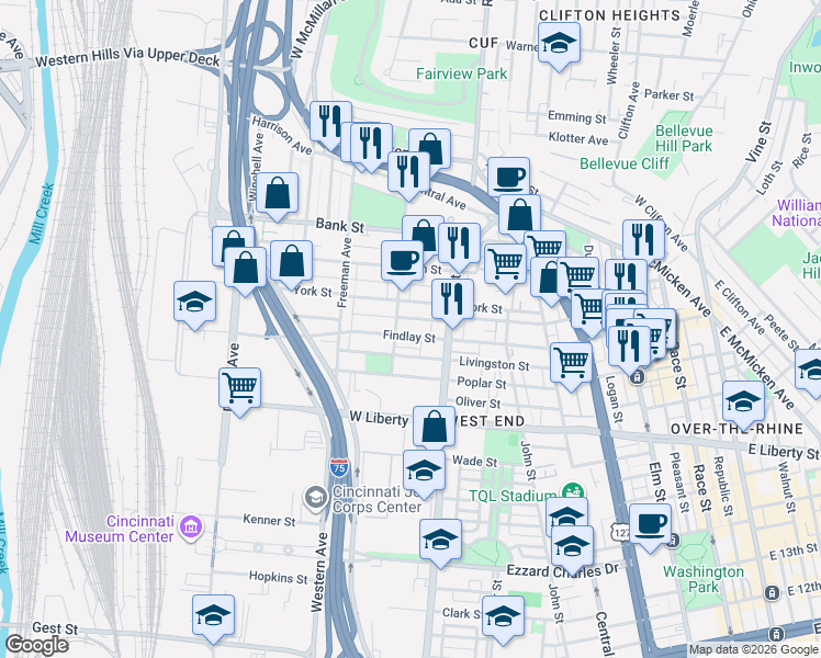 map of restaurants, bars, coffee shops, grocery stores, and more near 829 York Street in Cincinnati