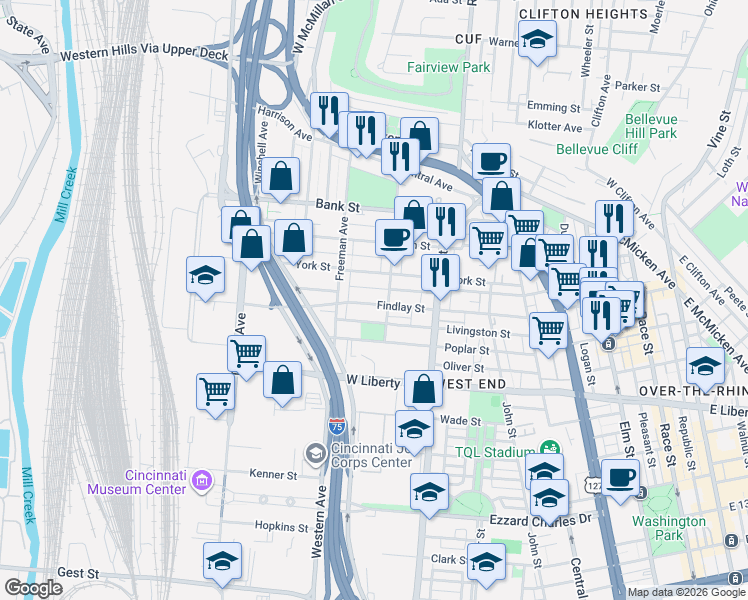 map of restaurants, bars, coffee shops, grocery stores, and more near in Cincinnati