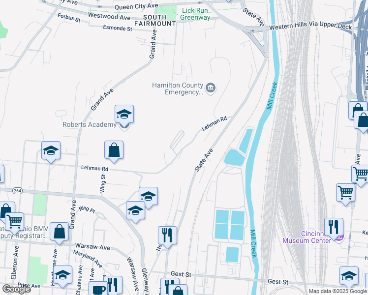 map of restaurants, bars, coffee shops, grocery stores, and more near 2660 Lehman Road in Cincinnati