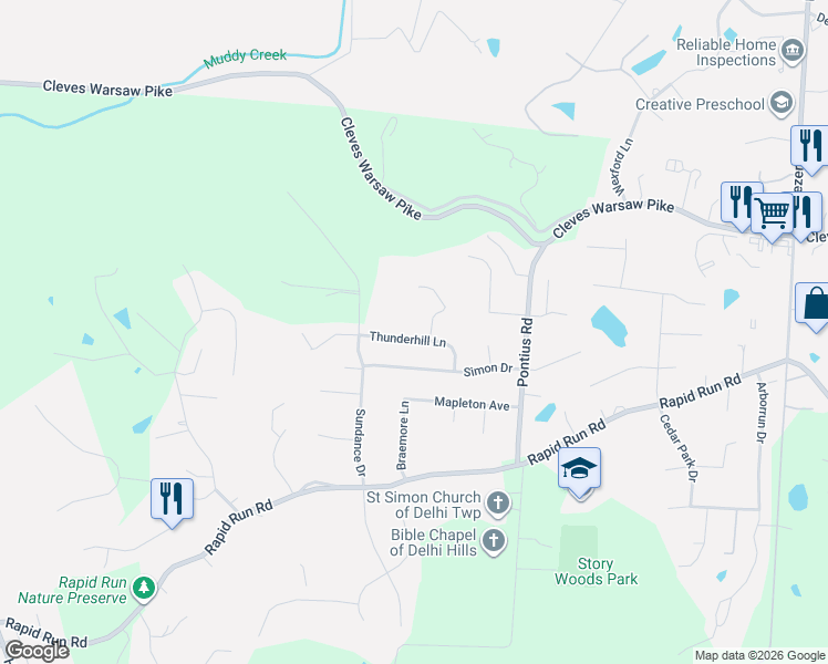 map of restaurants, bars, coffee shops, grocery stores, and more near 1055 Timbervalley Court in Cincinnati