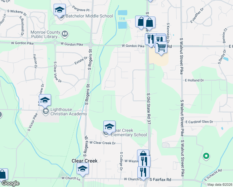 map of restaurants, bars, coffee shops, grocery stores, and more near 4501 South College Drive in Bloomington