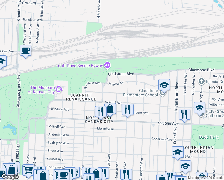 map of restaurants, bars, coffee shops, grocery stores, and more near 3914 Sunrise Drive in Kansas City